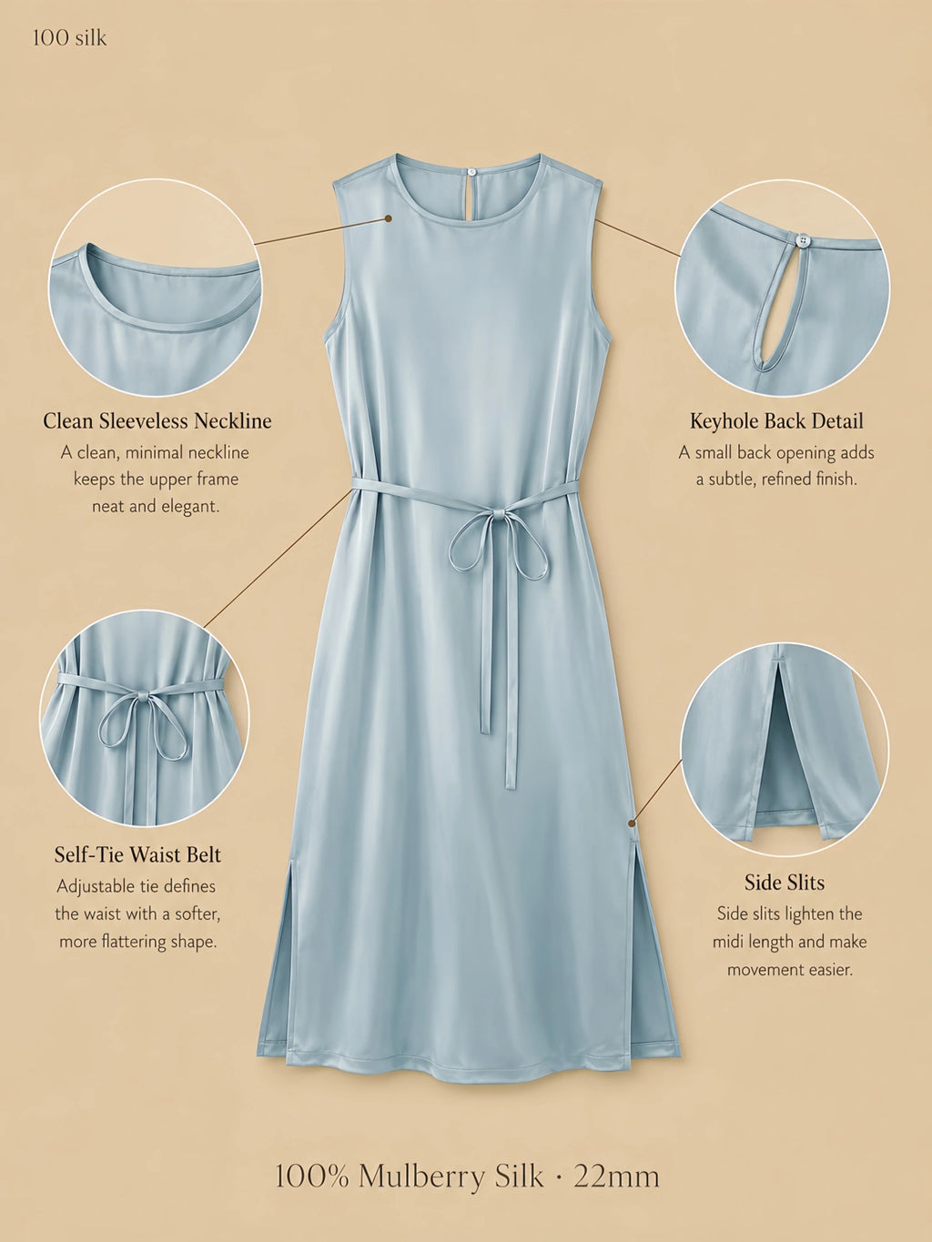 Silkgala 22mm 100% mulberry silk belted nightgown detail image showing a clean sleeveless neckline, keyhole back detail, self-tie waist belt, and side slits.