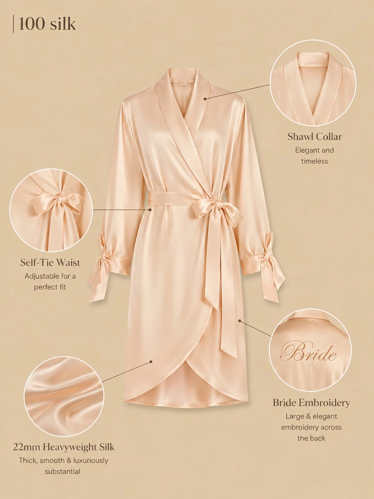 Silkgala 22mm 100% mulberry silk bridal dressing gown detail image showing a shawl collar, self-tie waist sash, long sleeves with tie cuffs, back Bride embroidery, and smooth heavyweight silk drape.