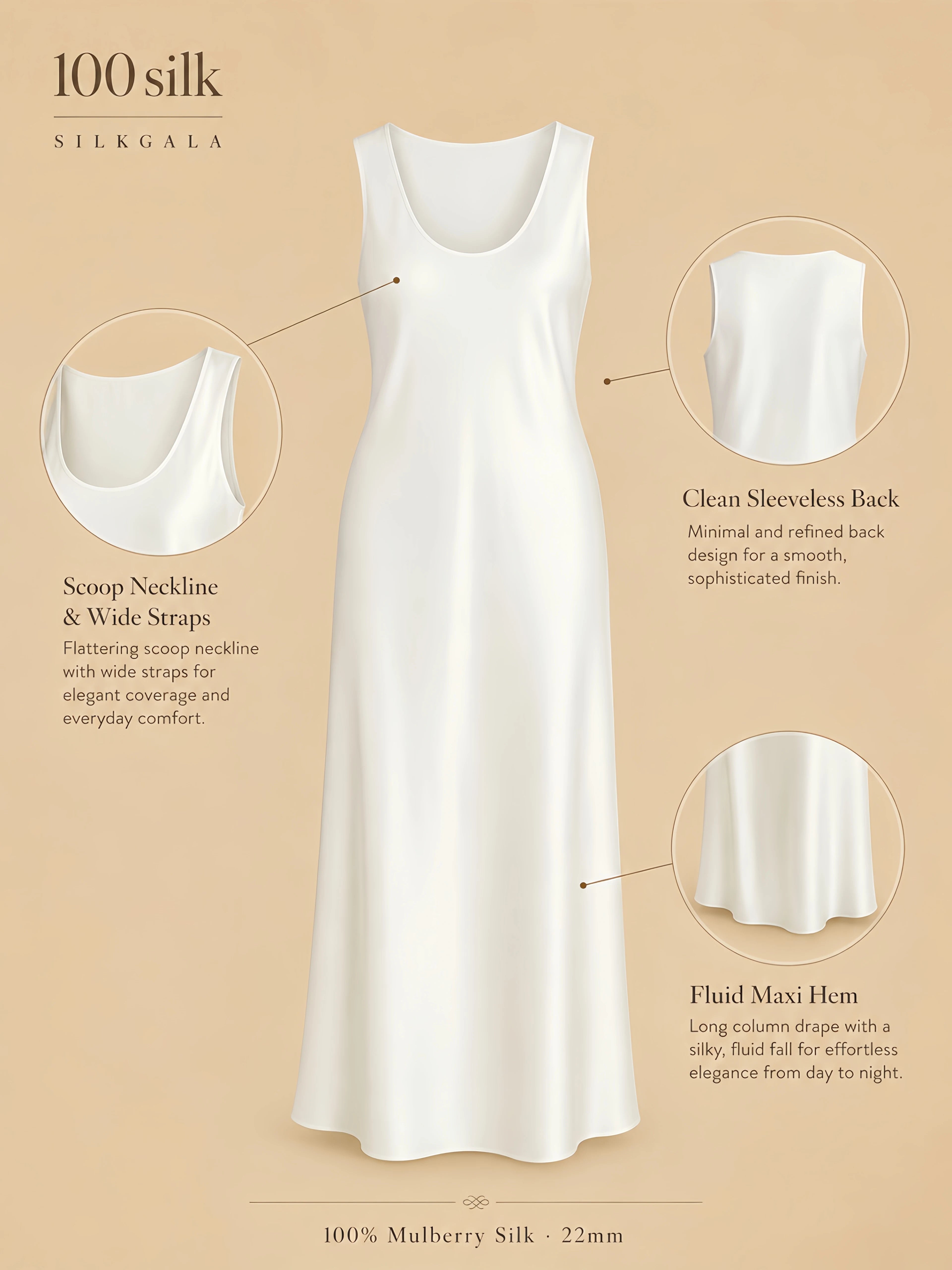 Silkgala 22mm 100% mulberry silk maxi dress detail image showing a scoop neckline, sleeveless cut with wide straps, clean back, and fluid column drape.