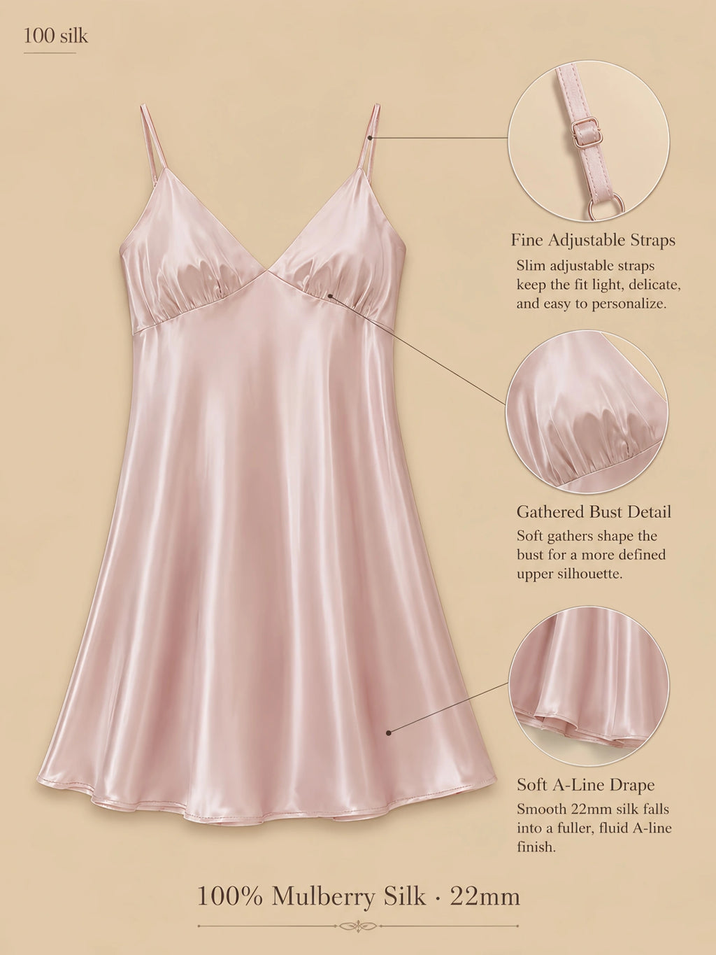 Silkgala 22mm 100% mulberry silk nightgown detail image showing gathered bust cups, fine adjustable spaghetti straps, and a soft A-line drape.
