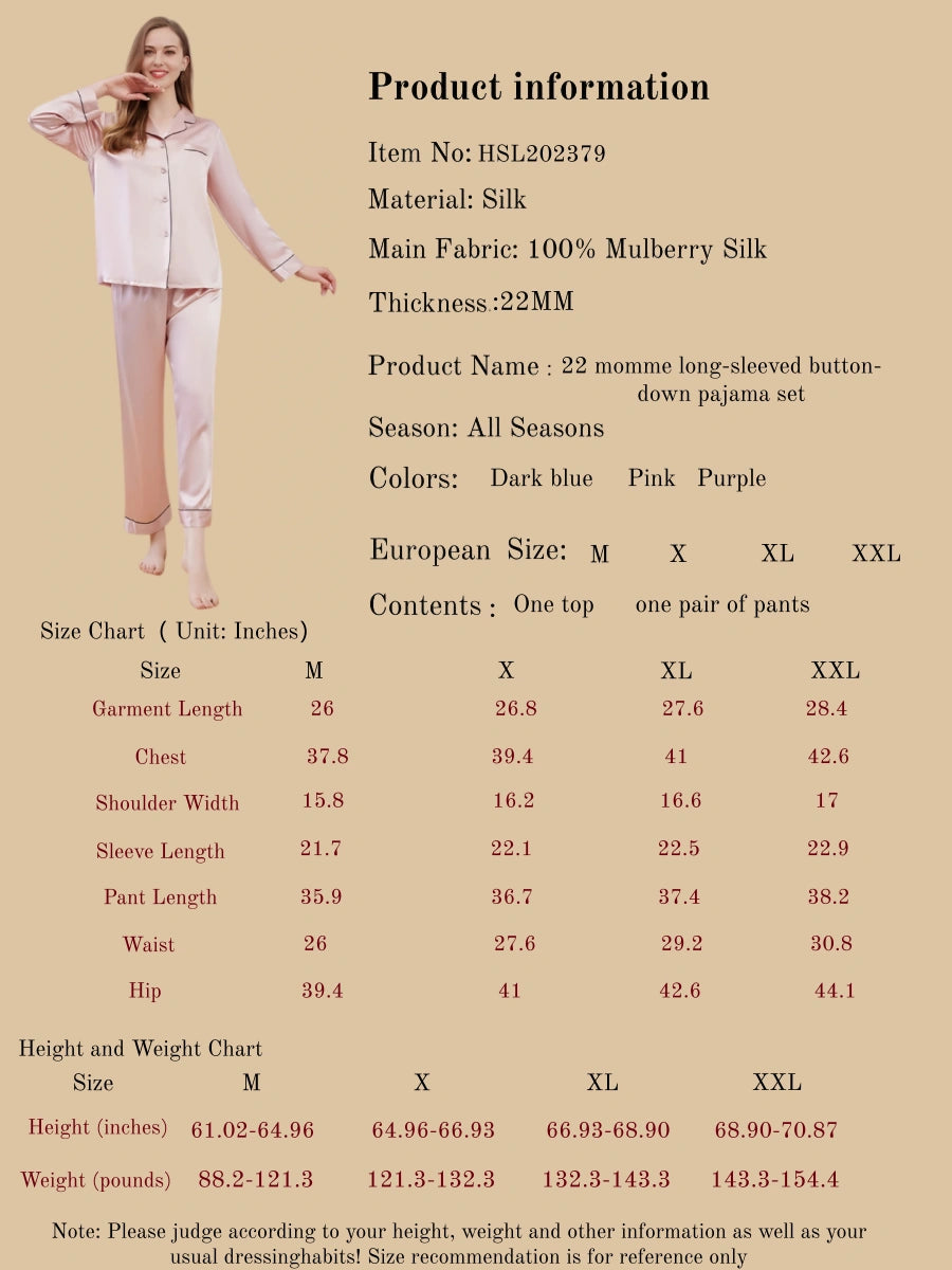 22 Momme Long Sleeved Button Down Pajama Set