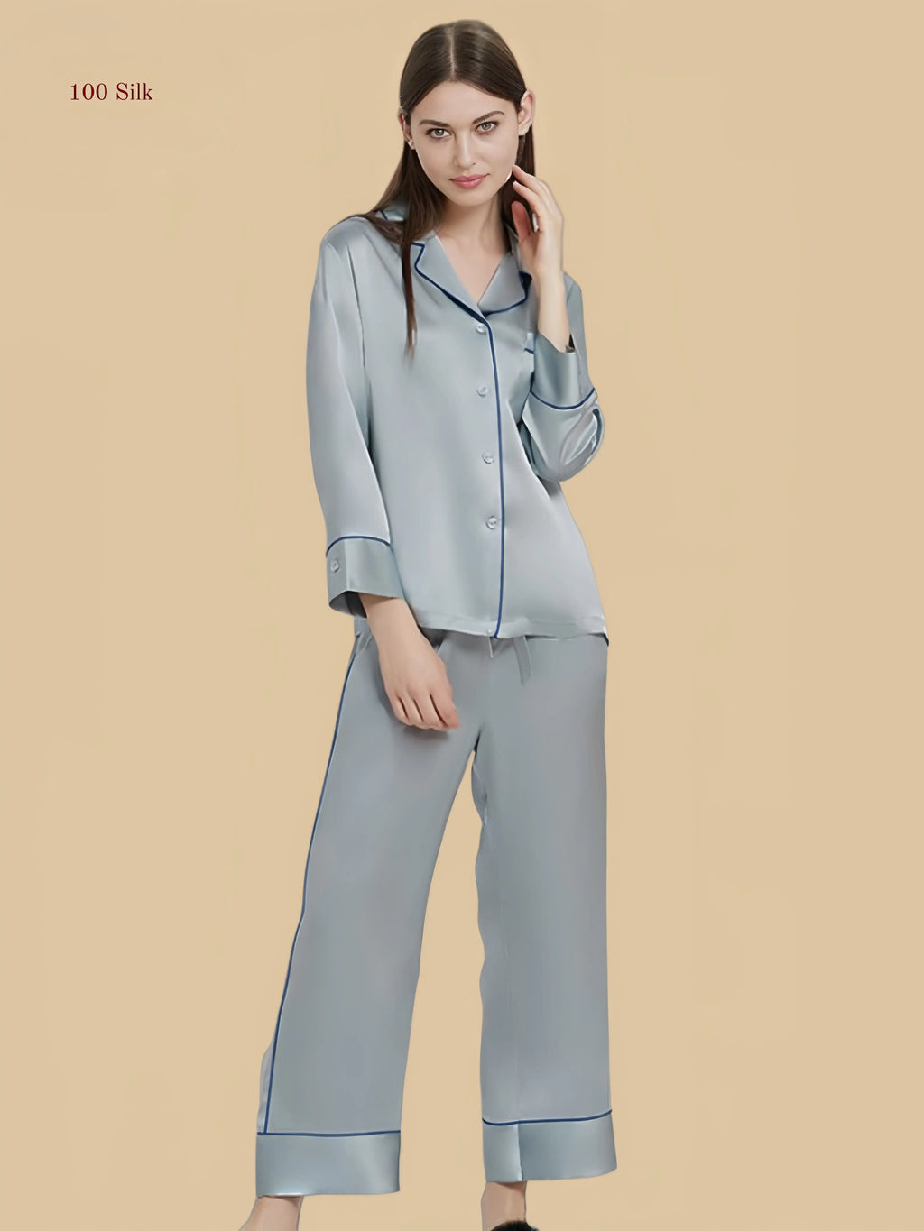 Grayish blue 22 momme silk set front view with chest pocket and contrast piped edges