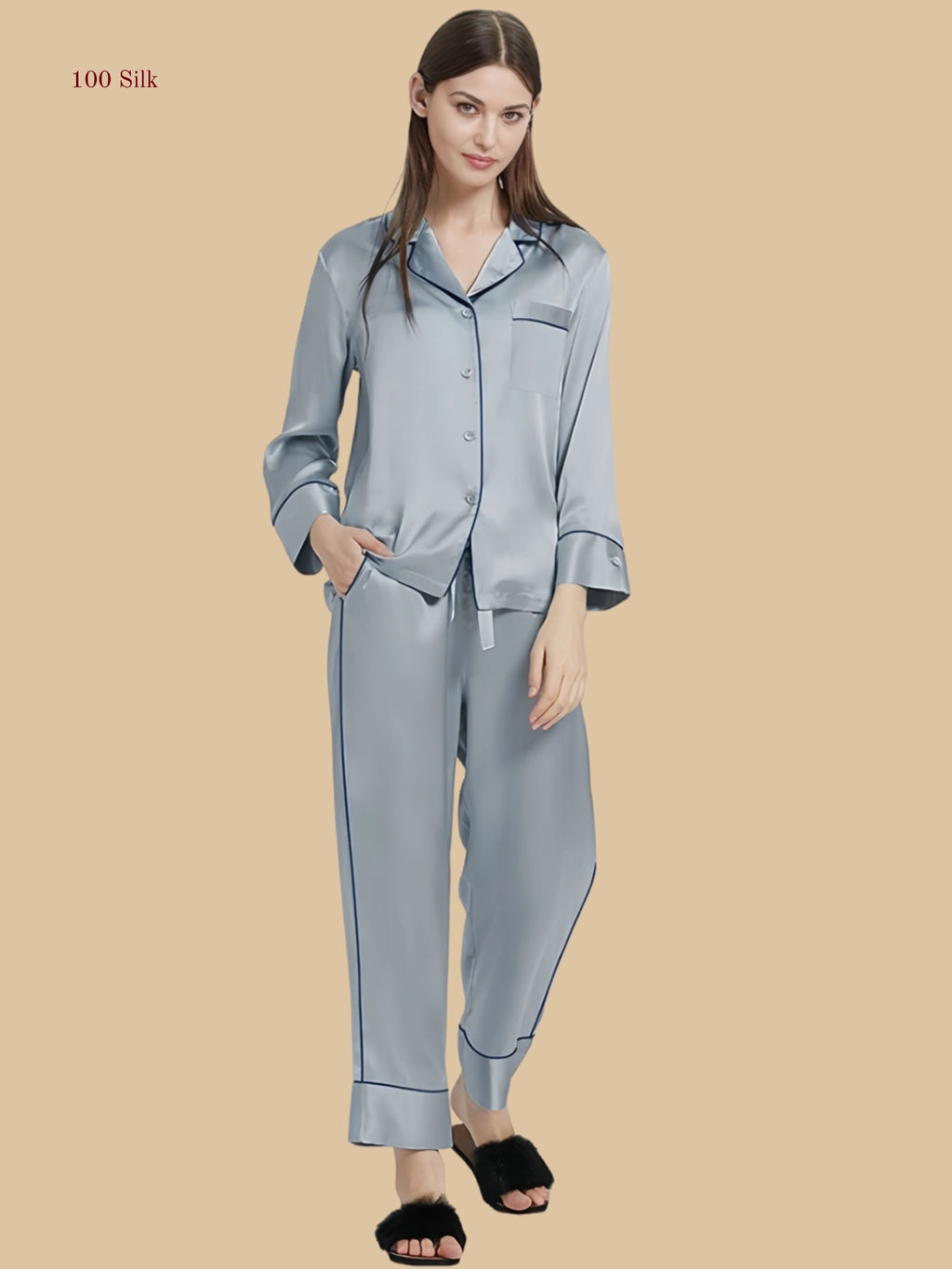 Grayish blue 22 momme silk set front view with chest pocket and contrast piped edges