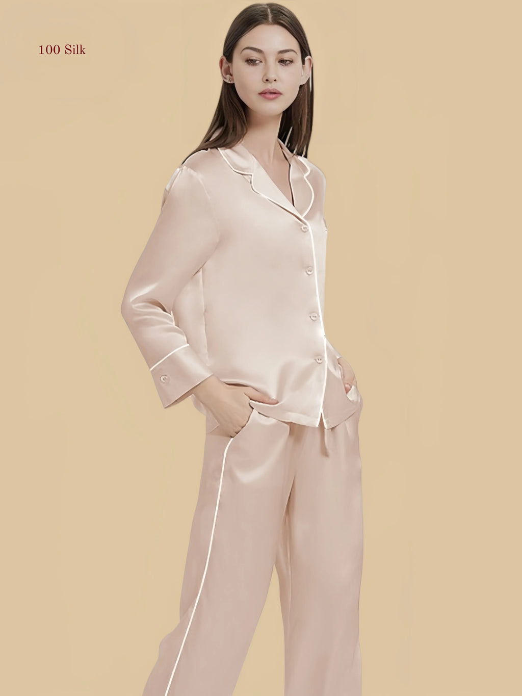 Light pink 22 momme notched collar silk set front view with contrast piping and full-length pants