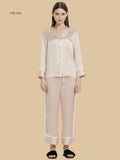 Light pink 22 momme notched collar silk set front view with contrast piping and full-length pants