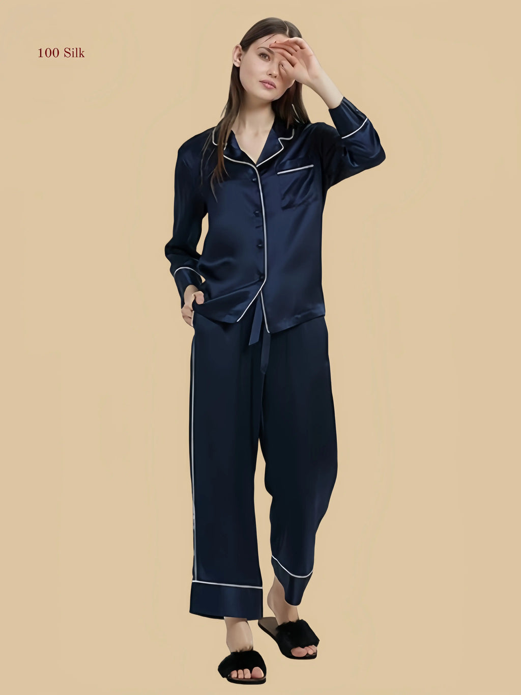 Dark navy blue 22 momme silk set front view with classic pajama shirt and full-length pants