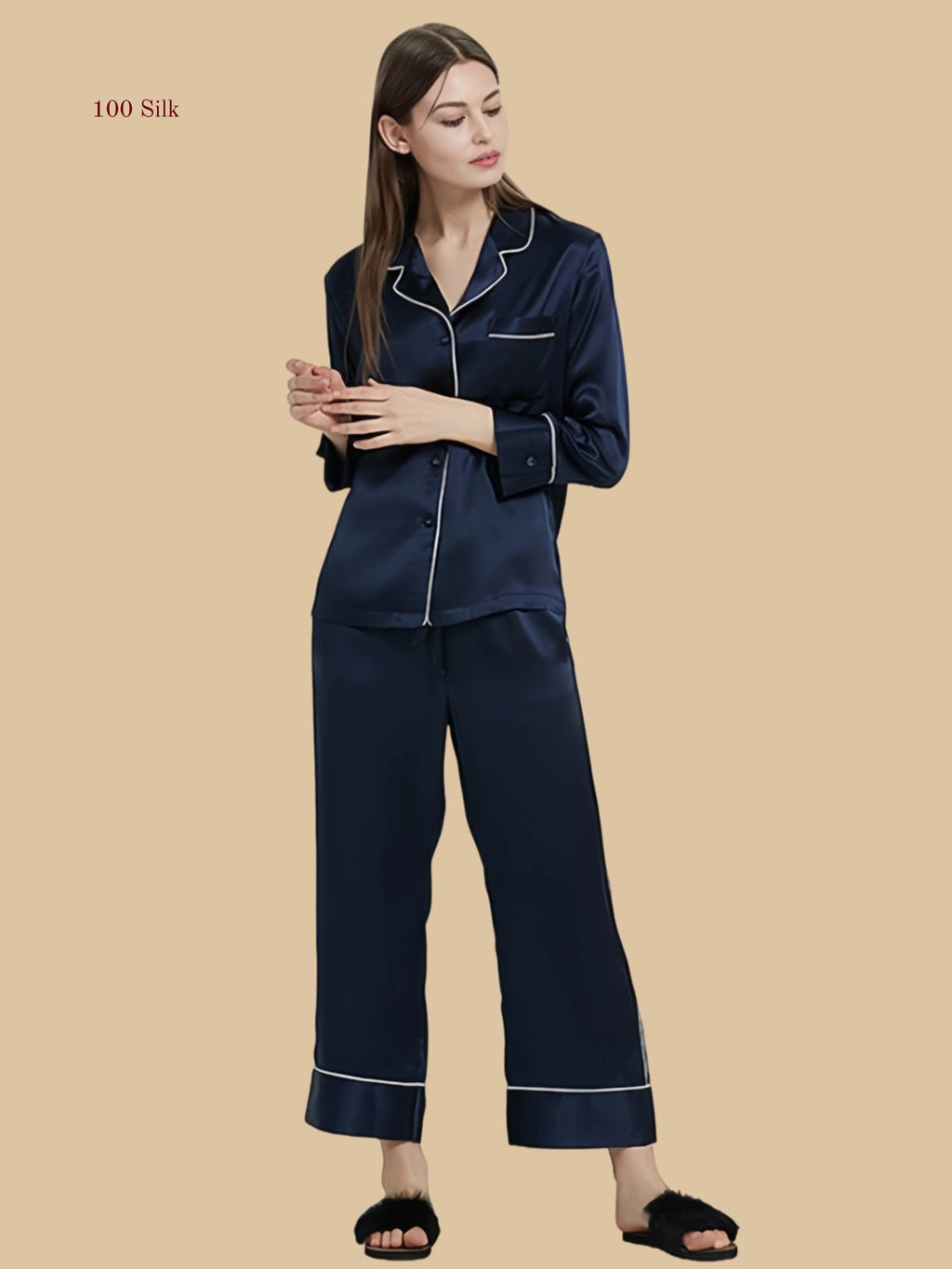 Dark navy blue 22 momme silk set front view with classic pajama shirt and full-length pants