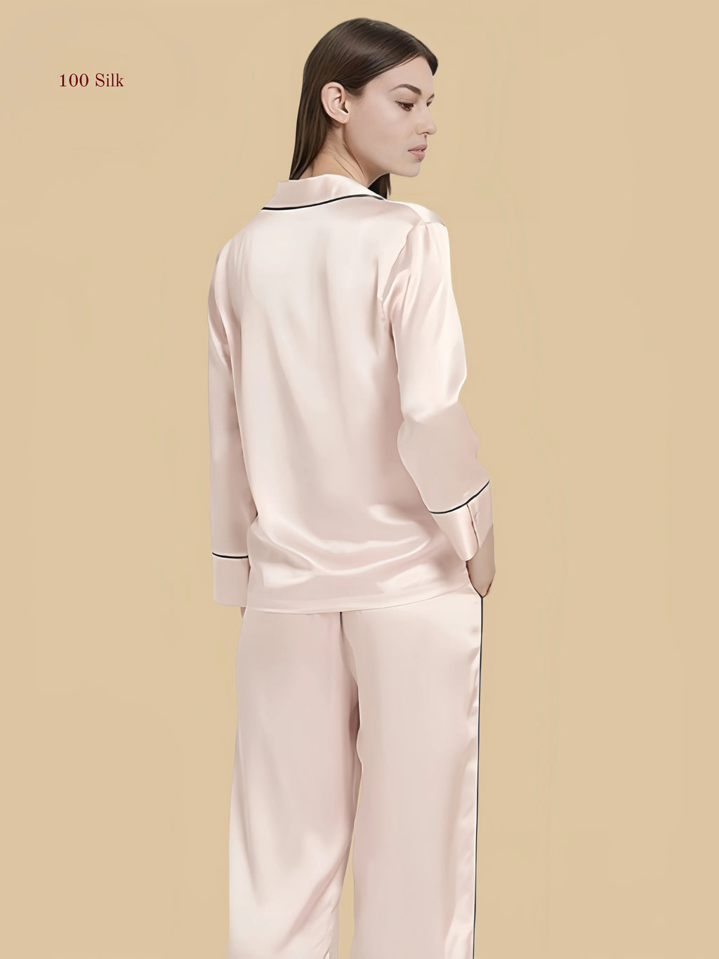 Light pink 22 momme notched collar silk set back view with long sleeves and straight-leg pants