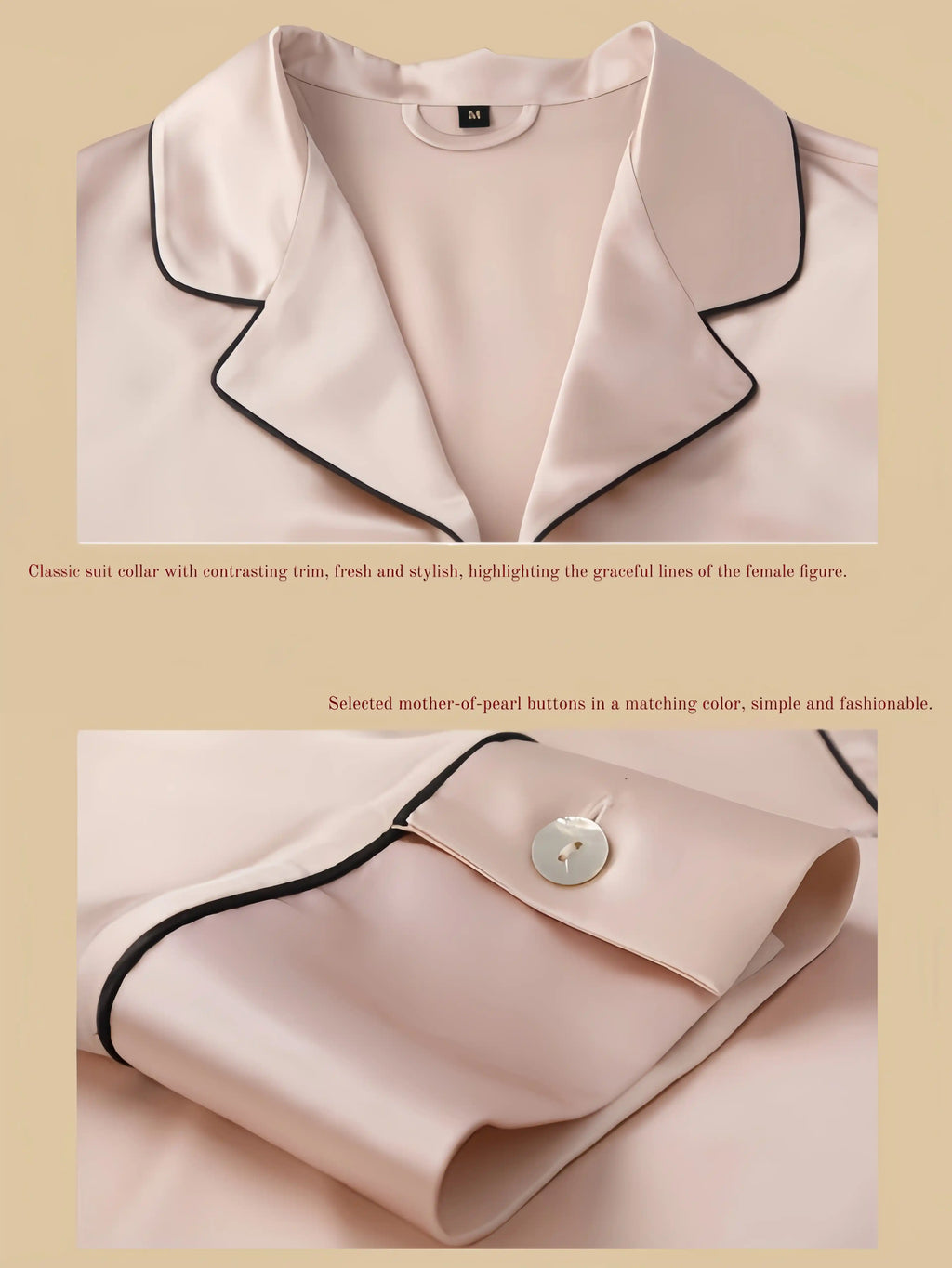 Detail view of 22 momme silk set showing notched collar with contrast piping and smooth cuff finish