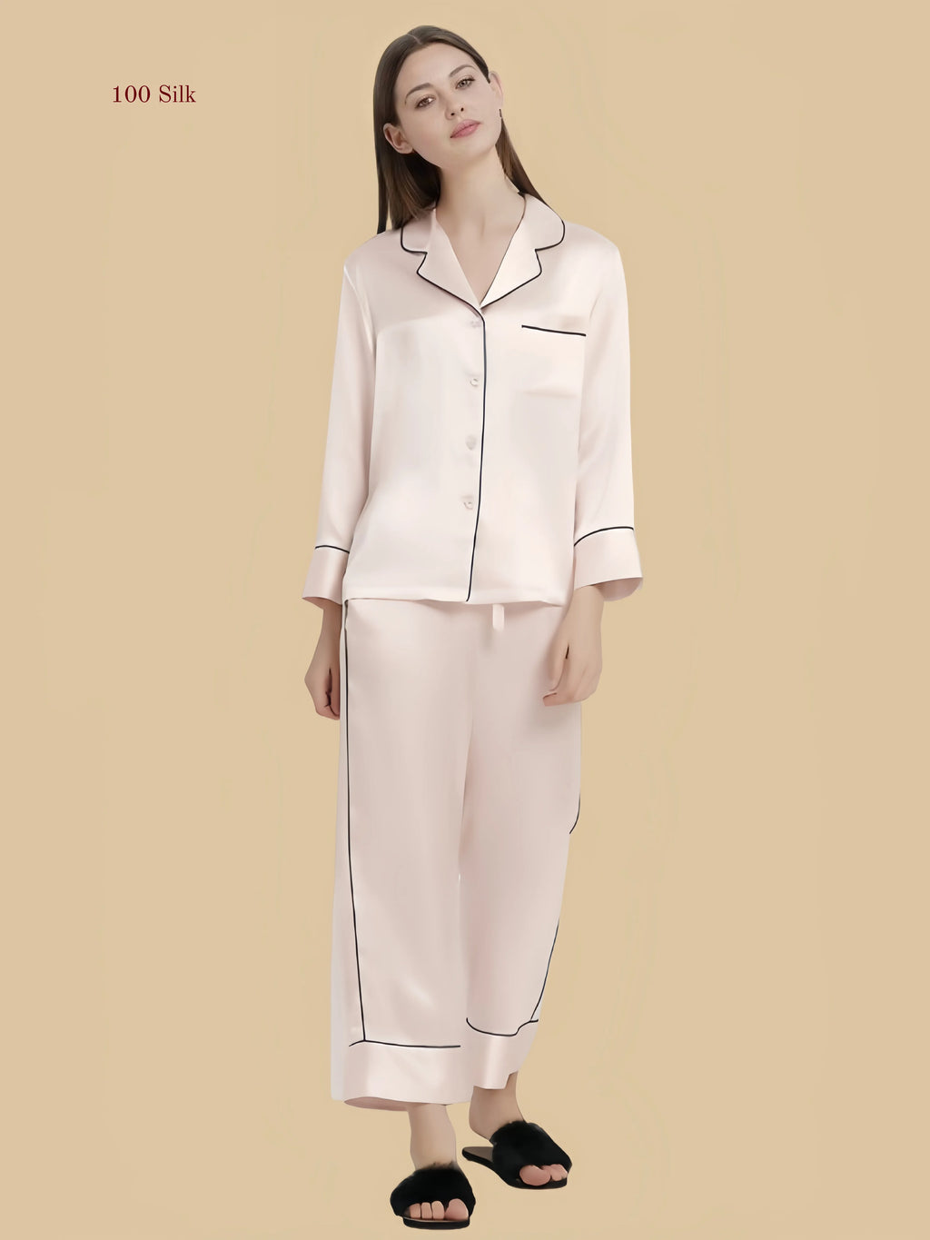 Light apricot 22 momme notched collar silk set front view with contrast piping and full-length pants