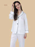White 22mm heavyweight pajamas front view with pocketless shirt front and dual contrast buttons