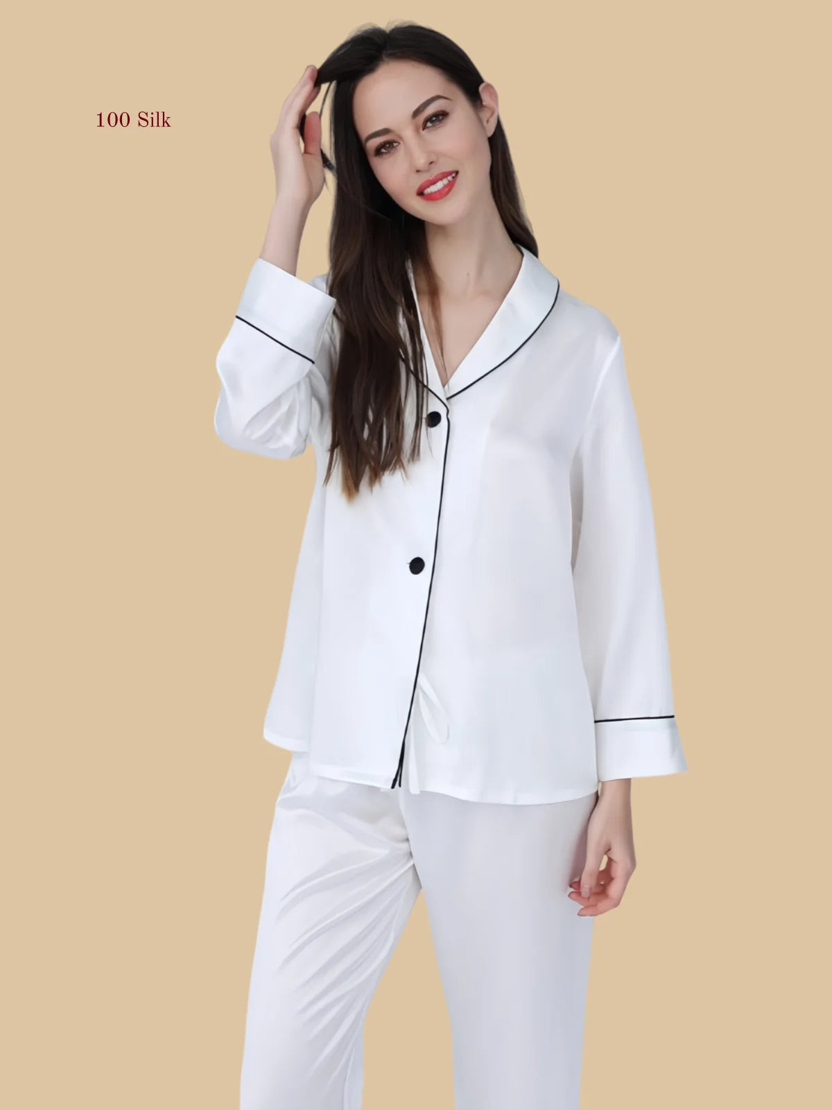White 22mm heavyweight pajamas front view with pocketless shirt front and dual contrast buttons