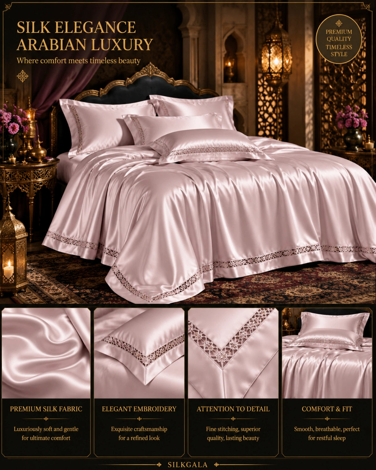 25 momme 100% mulberry silk 4-piece bedding set in lotus pink with duvet cover, flat sheet and matching pillowcases.