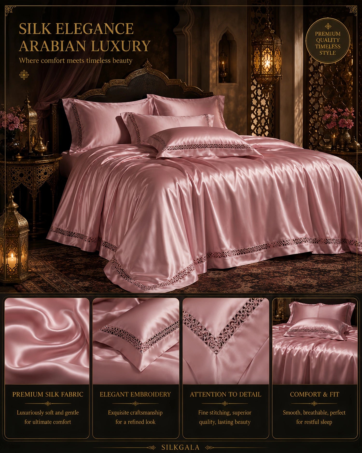 25 momme 100% mulberry silk 4-piece bedding set in lotus pink with duvet cover, flat sheet and matching pillowcases.