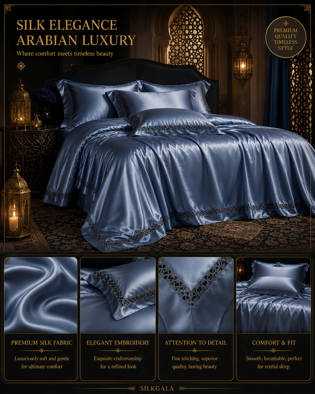25 momme 100% mulberry silk 4-piece bedding set in mist blue for an elegant Middle East bedroom setting.