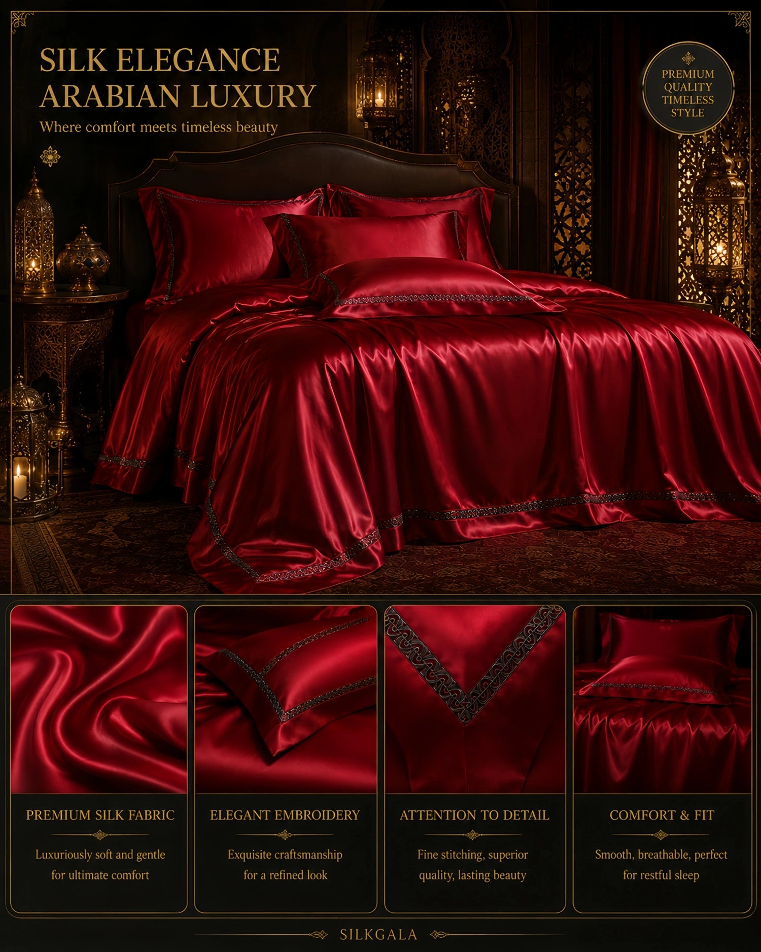 25 momme 100% mulberry silk 4-piece bedding set in red with smooth sheen and refined border detail.