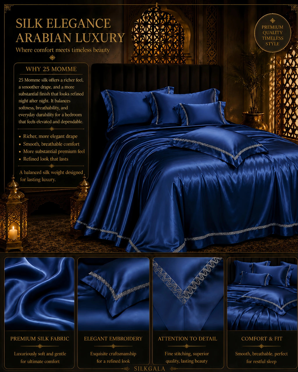 25 momme 100% mulberry silk 4-piece bedding set in royal blue for Middle East bedrooms with a duvet cover, flat sheet and two pillowcases.