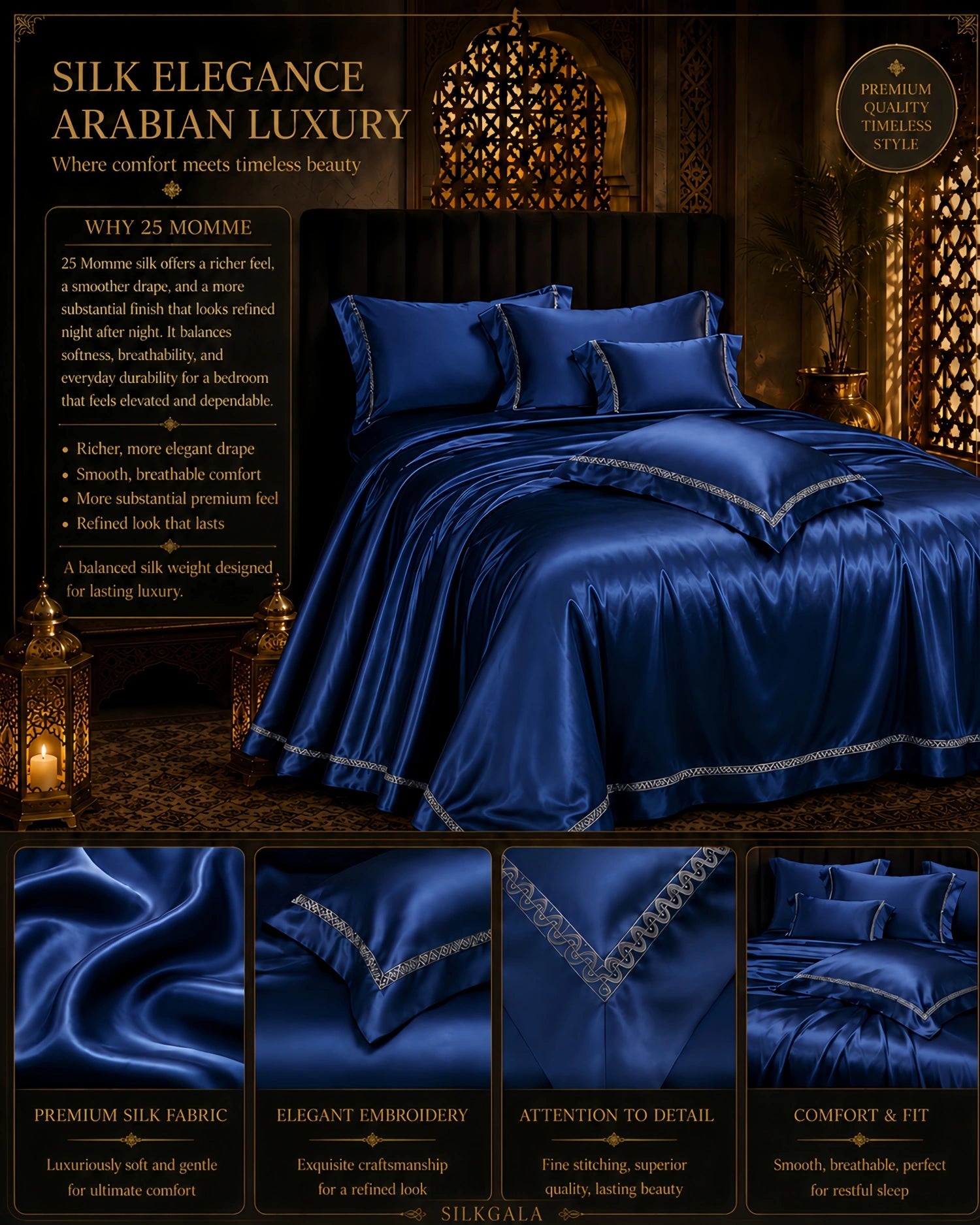 25 momme 100% mulberry silk 4-piece bedding set in royal blue for Middle East bedrooms with a duvet cover, flat sheet and two pillowcases.