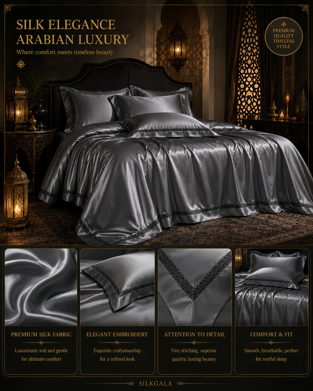 25 momme 100% mulberry silk 4-piece bedding set in silver gray for Middle East bedrooms with a polished silk finish.