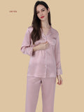 Pink 25 momme long pajamas front view with contrast piping, chest pocket, and full-length pants