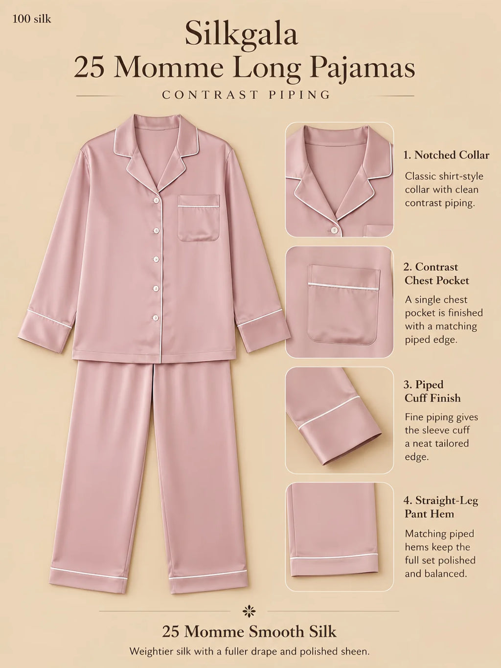 Silkgala 25 momme silk pajama set flat lay in pink with notched collar, five-button front, contrast piping, single chest pocket, long sleeves, and straight-leg full-length pants on beige background.