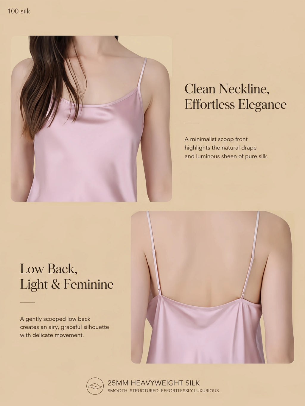 25mm heavyweight silk mini slip dress detail image showing the clean front neckline and low-back silhouette on a warm beige background.