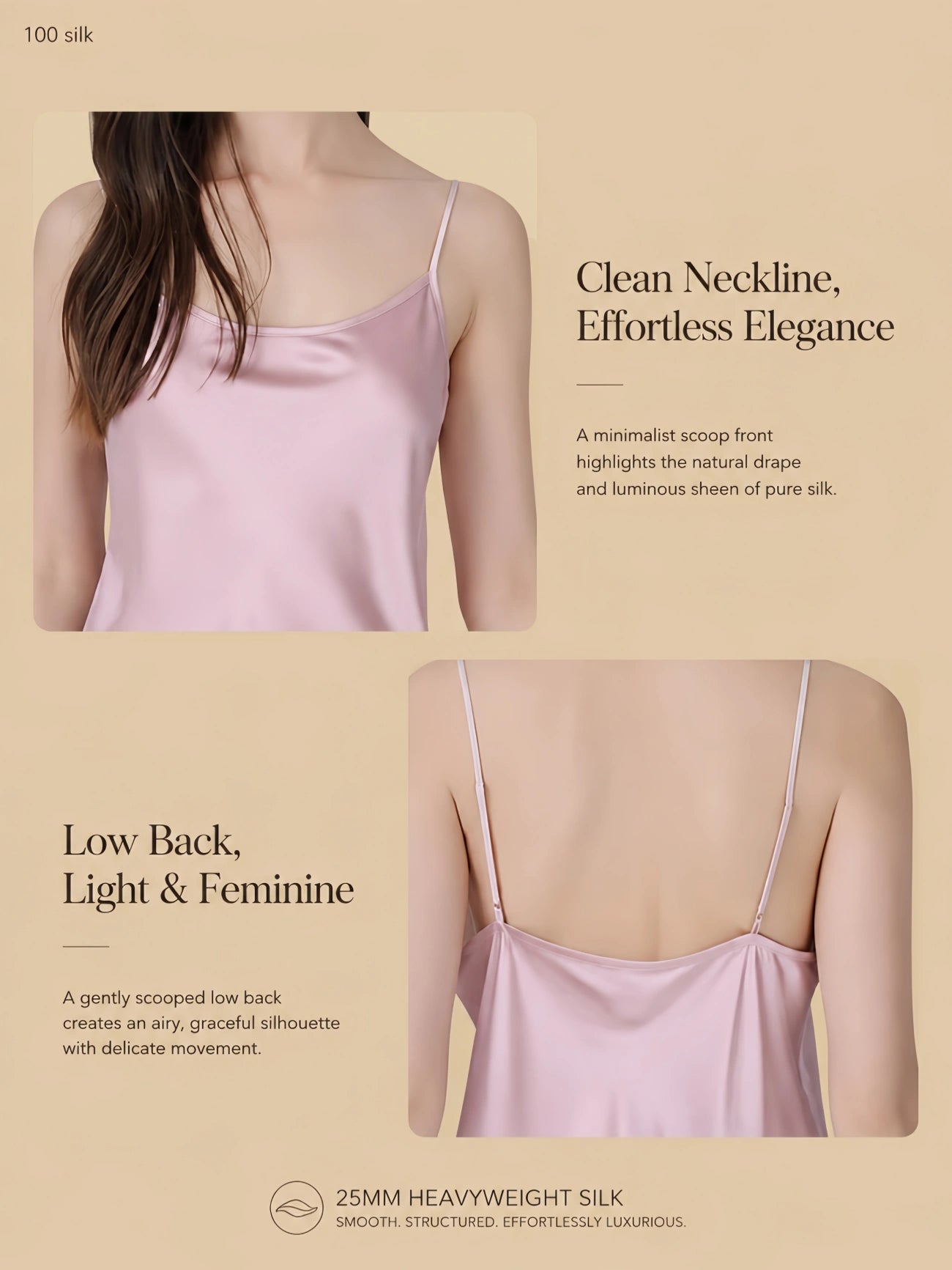 25mm heavyweight silk mini slip dress detail image showing the clean front neckline and low-back silhouette on a warm beige background.