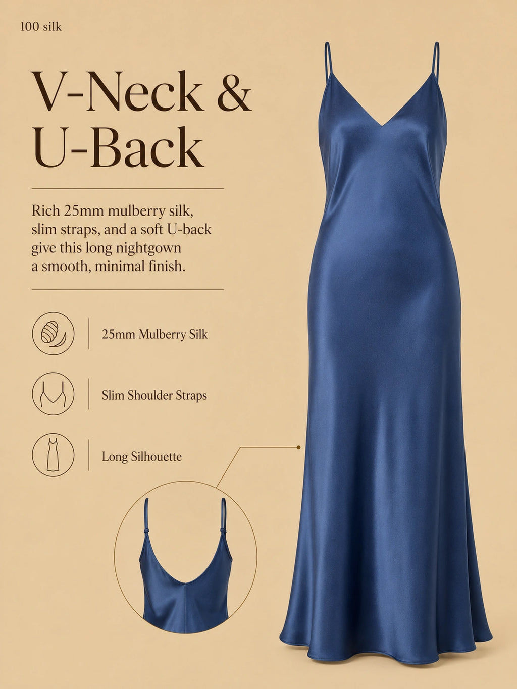 Blue 25mm silk long nightgown with V-neck, U-back, slim straps, and long fluid drape