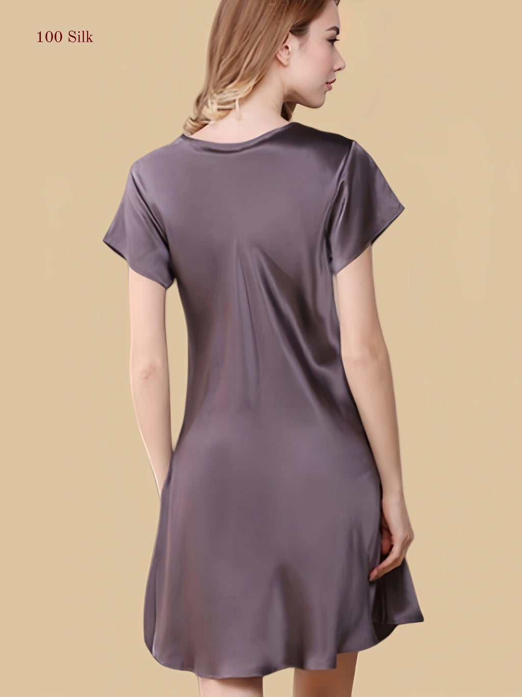 grey 16mm silk sleep dress front view with lace-trim V-neck and short sleeves