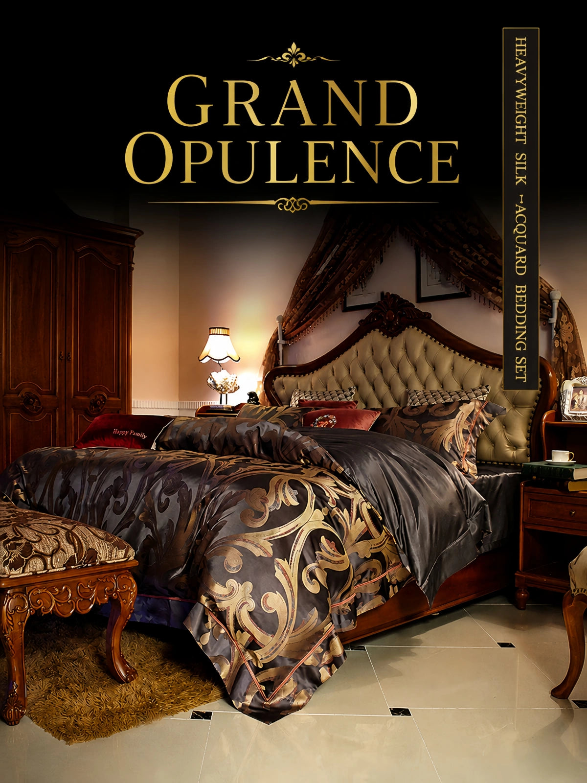 Heavyweight 30 momme silk jacquard bedding styled in a grand European luxury bedroom.