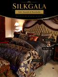 30 momme mulberry silk jacquard 4-piece bedding set with duvet cover, flat sheet and two pillowcases in a European luxury bedroom.
