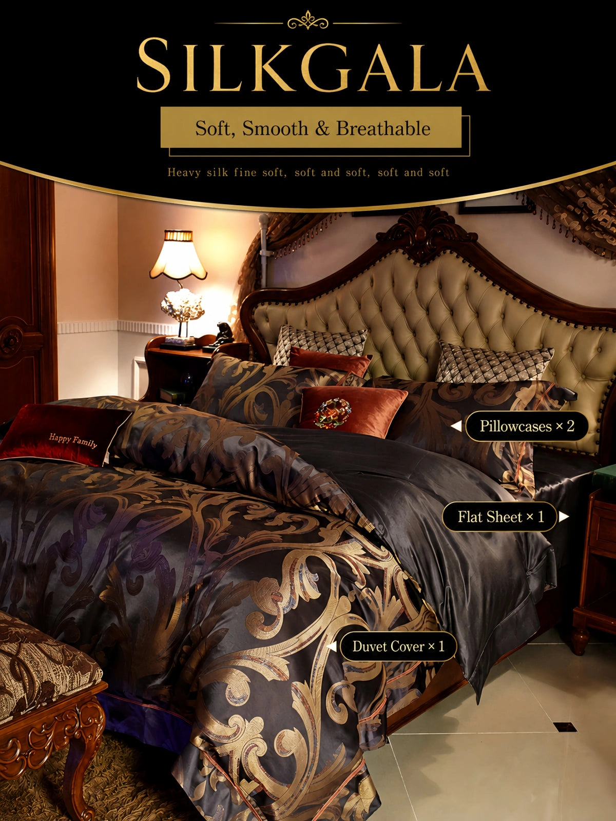 30 momme mulberry silk jacquard 4-piece bedding set with duvet cover, flat sheet and two pillowcases in a European luxury bedroom.