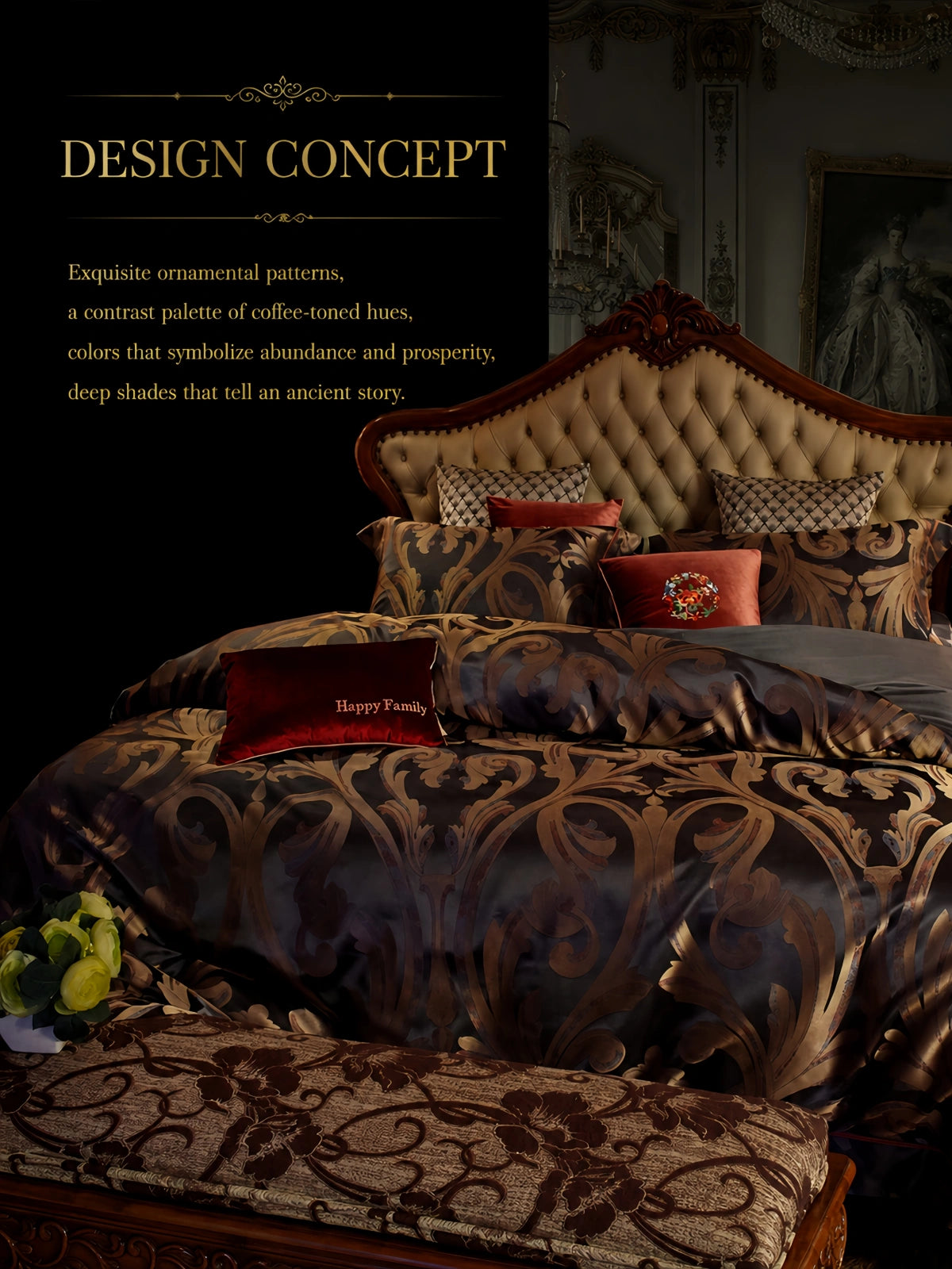 European-inspired ornamental jacquard design on a heavyweight 30 momme mulberry silk bedding set.