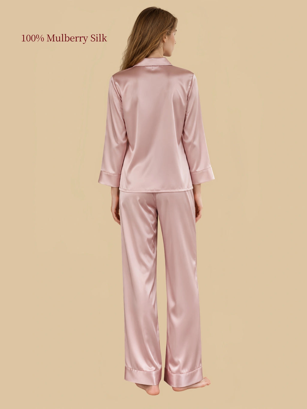 Back view of Dusty Pink heavyweight silk pajama set showing smooth silk drape and full-length pants