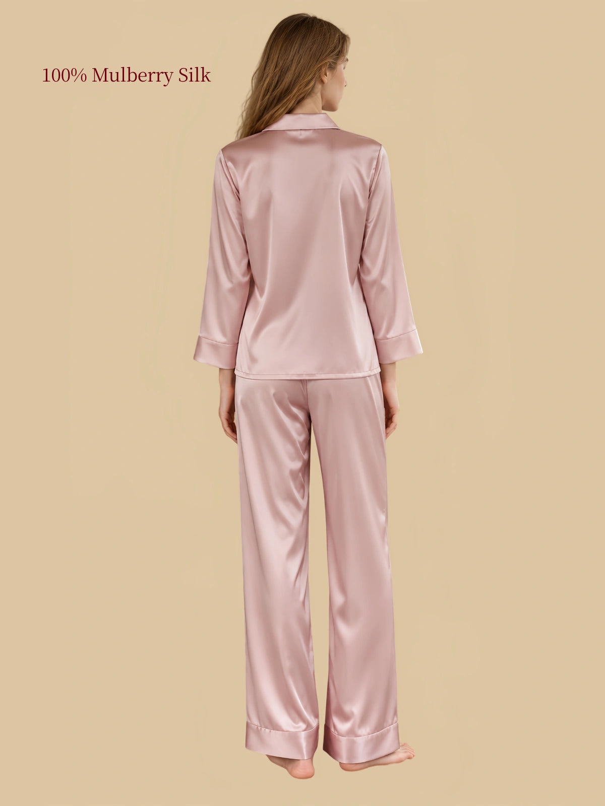 Back view of Dusty Pink heavyweight silk pajama set showing smooth silk drape and full-length pants