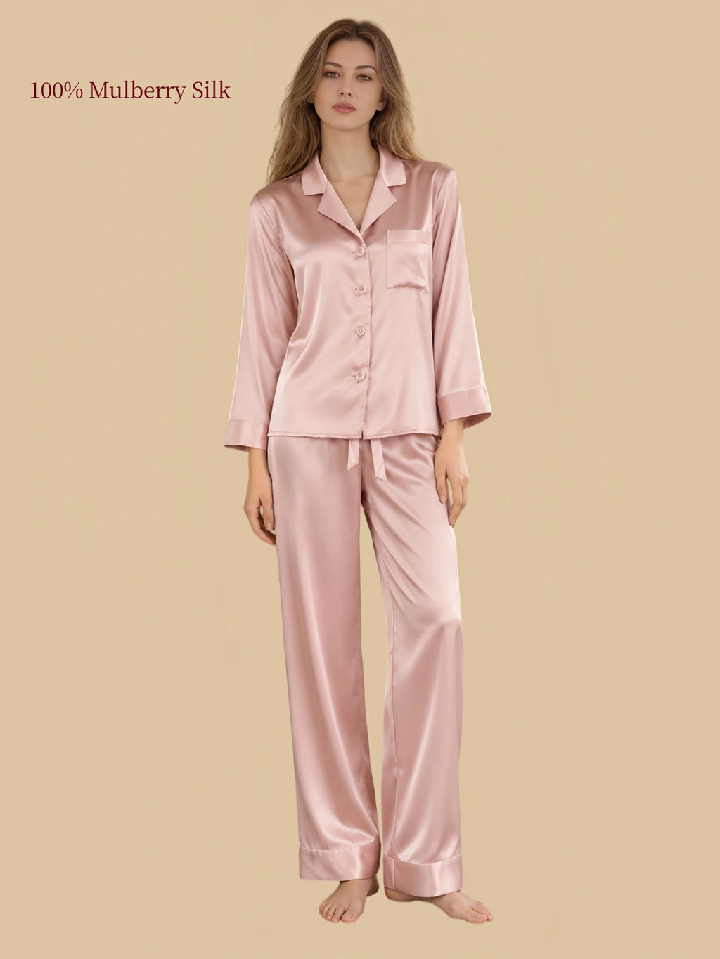 Dusty Pink 30 momme mulberry silk two-piece pajama set with button-front top and matching drawstring pants