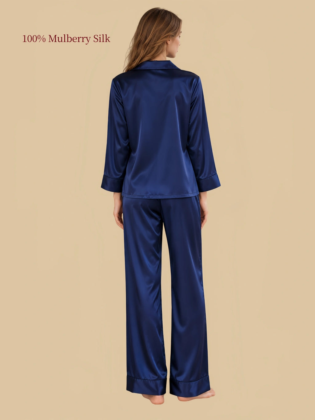 Back view of Navy Blue heavyweight silk sleepwear showing the long-sleeve top and relaxed straight-leg pants