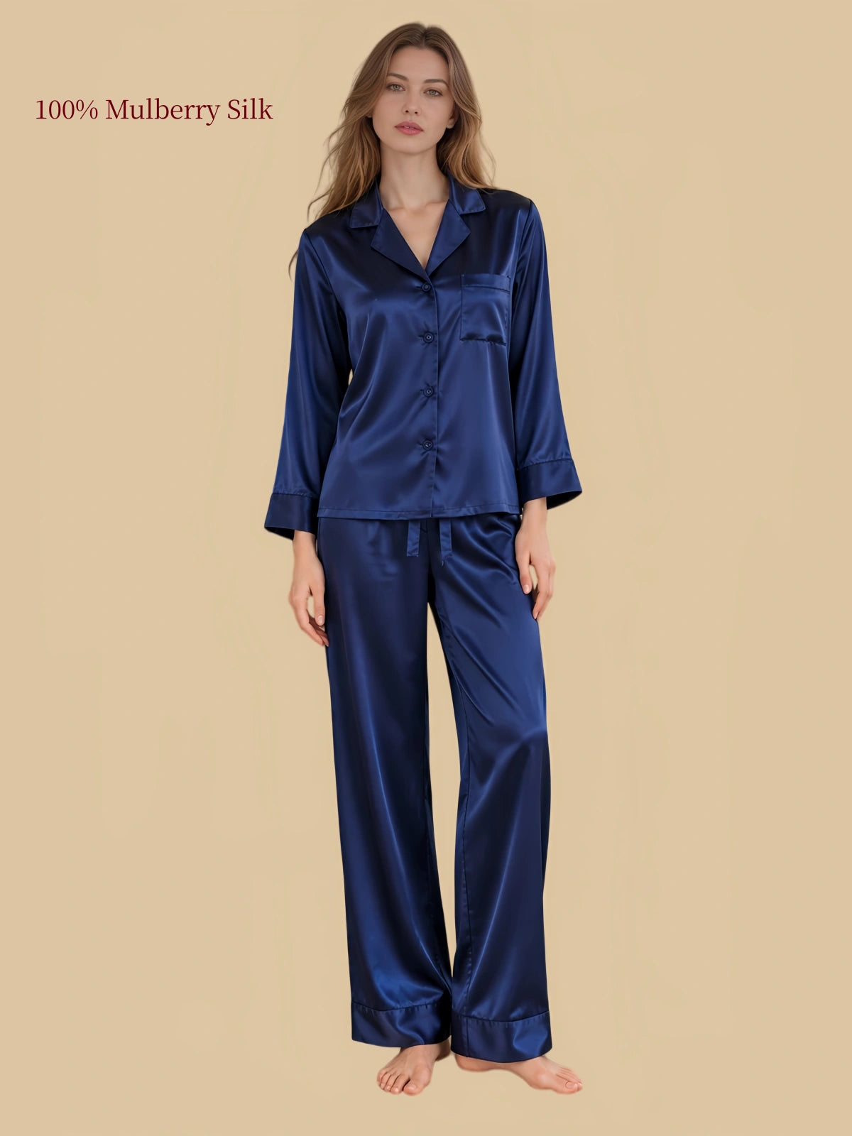 30 momme heavyweight mulberry silk pajama set in Navy Blue with notched lapel collar and full-length drawstring pants