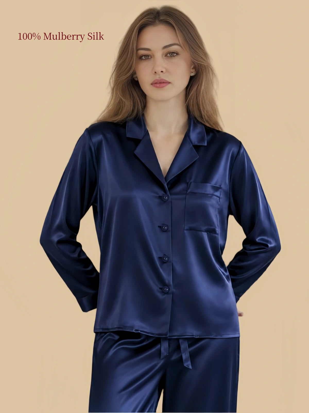 Close-up of Navy Blue silk pajama top featuring traditional notched lapels, matching buttons and chest pocket
