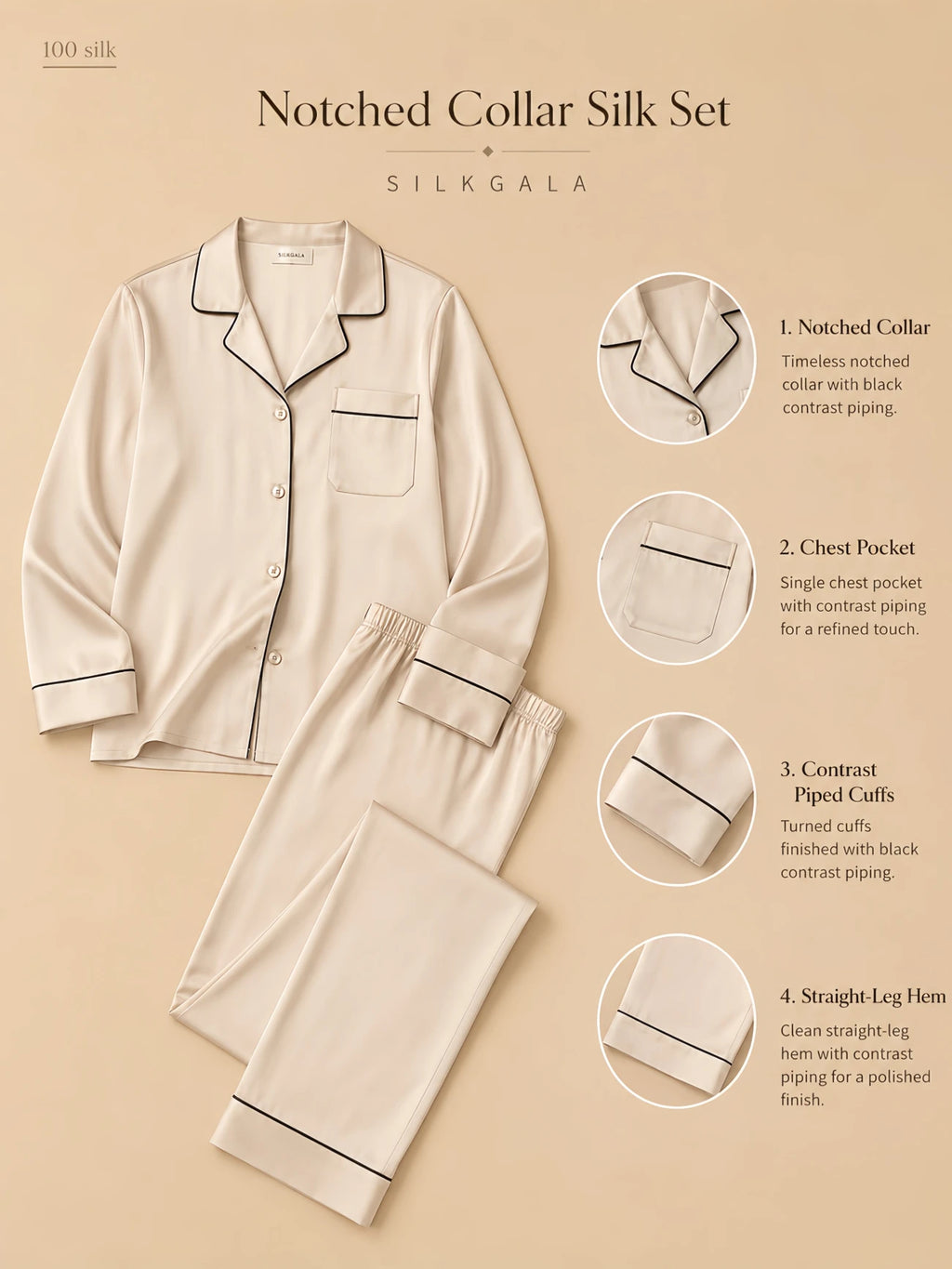 Silkgala 30mm notched collar silk pajama set flat lay in light apricot with contrast piped edges, button-front top, chest pocket, piped cuffs, and straight-leg pants on beige background