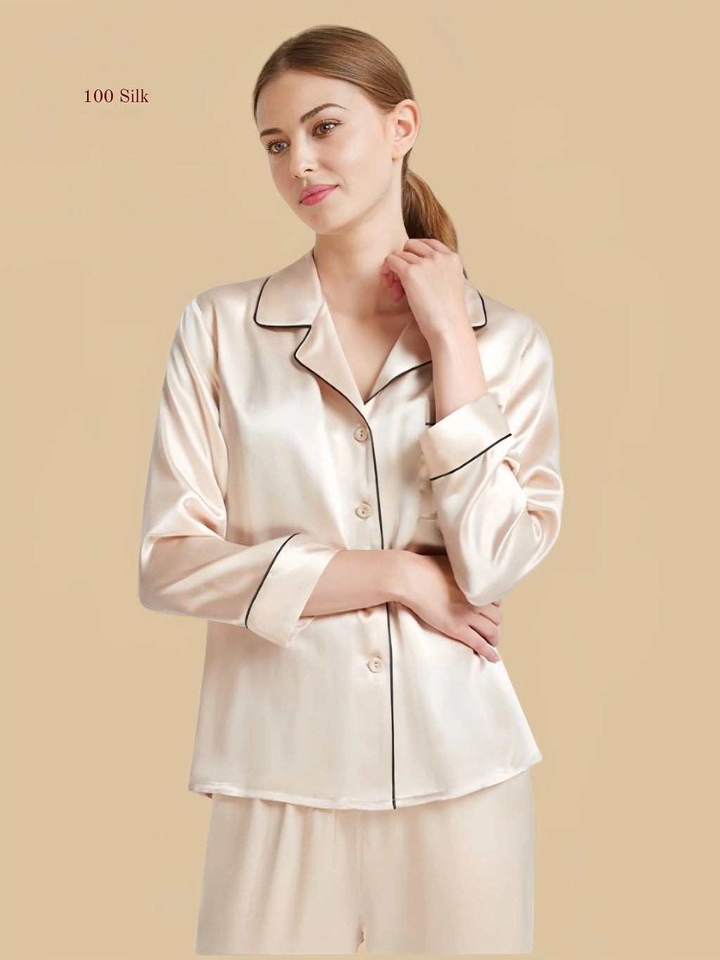 Light apricot 30mm notched collar silk set front view with chest pocket and piped collar