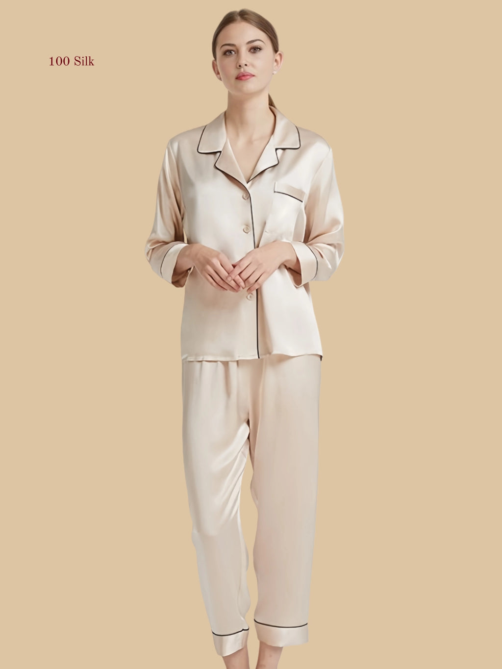 Light apricot 30mm notched collar silk set front view with chest pocket and piped collar