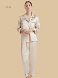 Light apricot 30mm notched collar silk set front view with chest pocket and piped collar