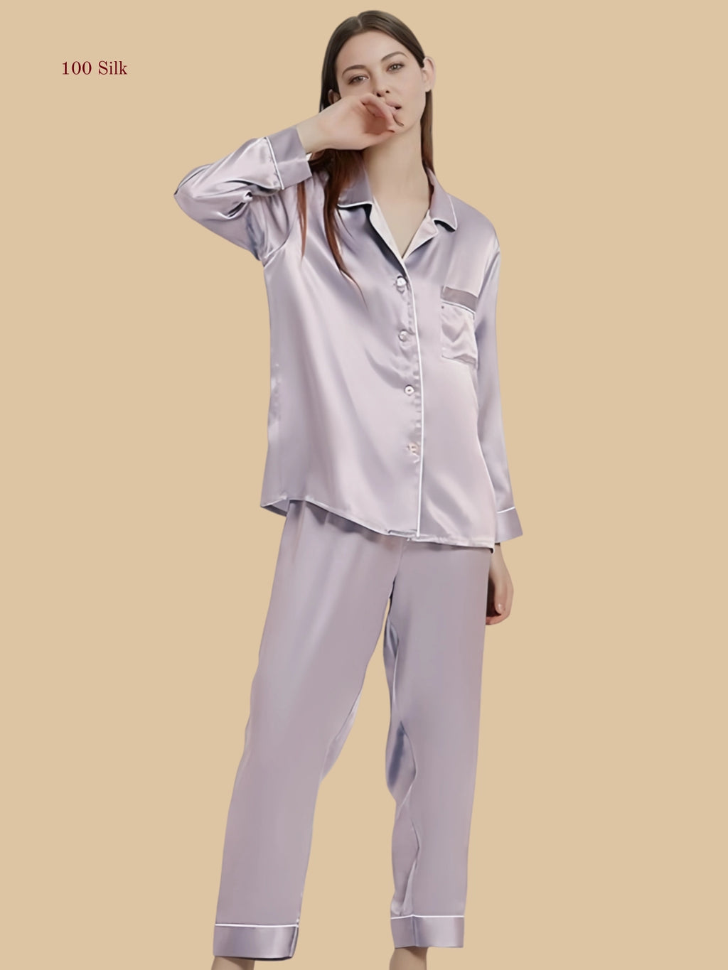 Tara purple 30mm silk pajama set front view with contrast piping and straight-leg pants
