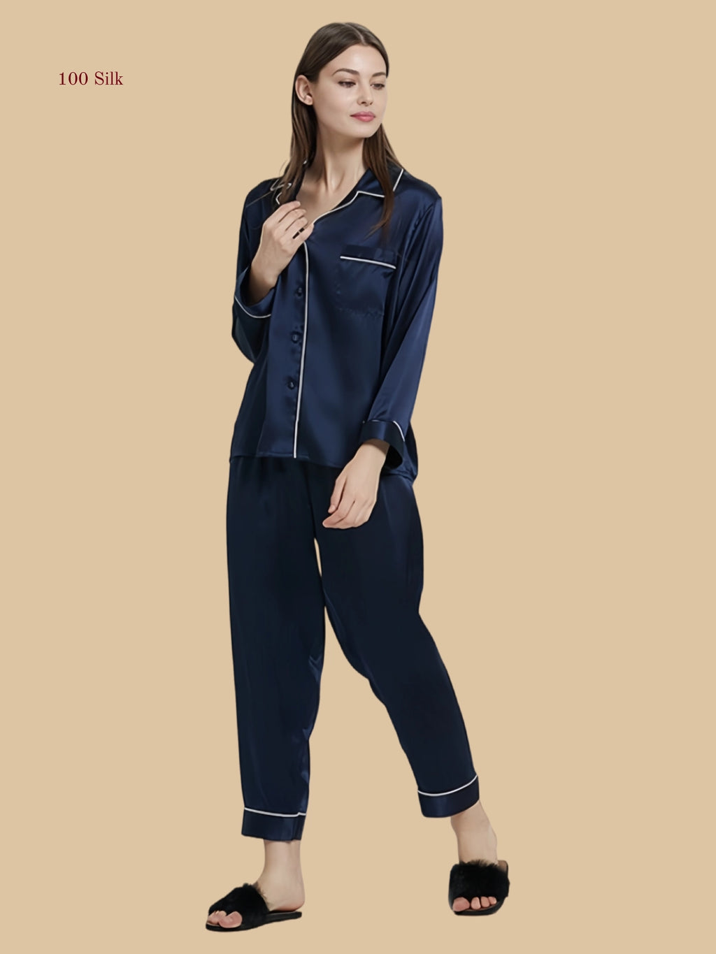 navy blue 30mm notched collar silk set front view with contrast piped edges and full-length pants