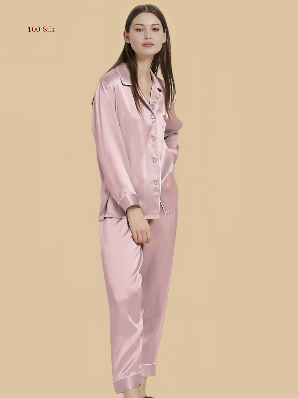 Lotus root pink 30mm silk pajama set side view with button-front shirt and piped cuffs