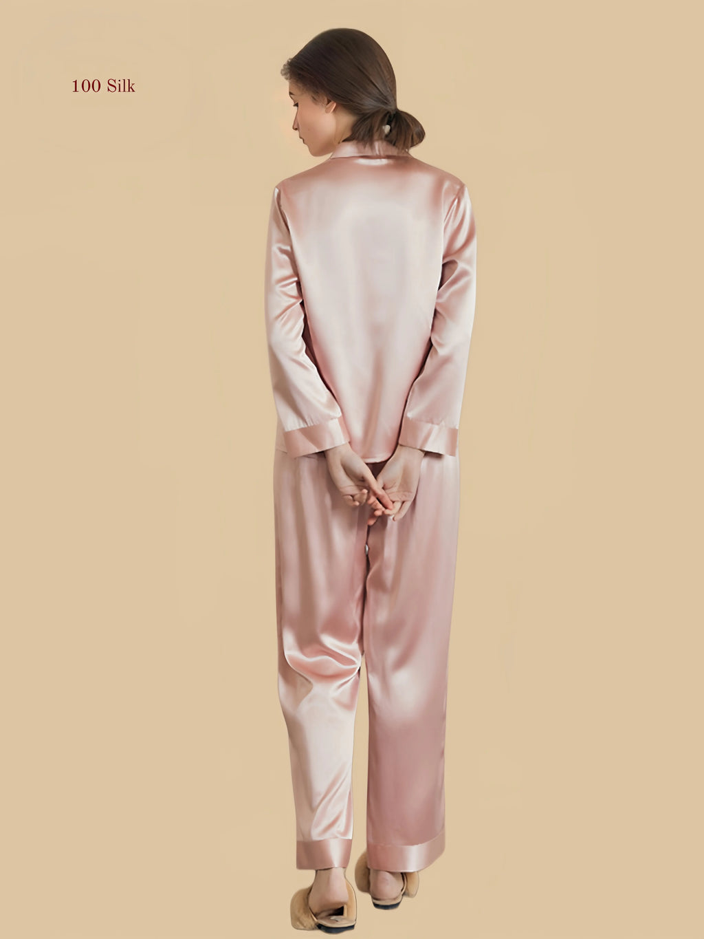 Lotus root pink 30mm silk pajama shirt set back view with long sleeves and straight pants