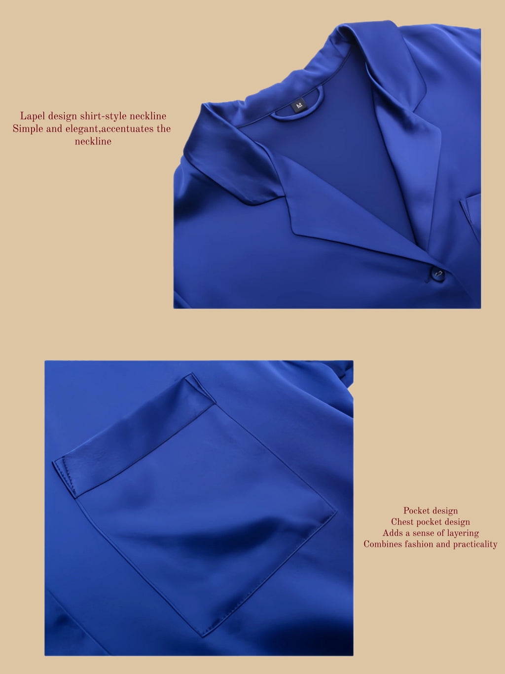 Detail view of 30mm silk set showing notched collar and chest pocket