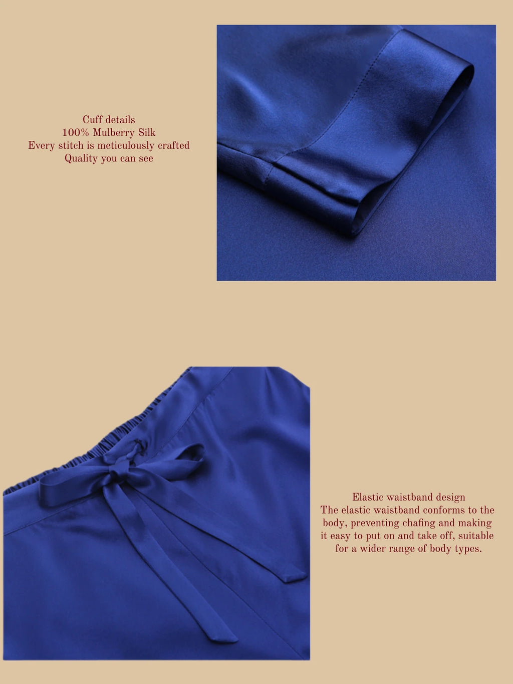 Detail view of 30mm silk set cuff and waistband finish