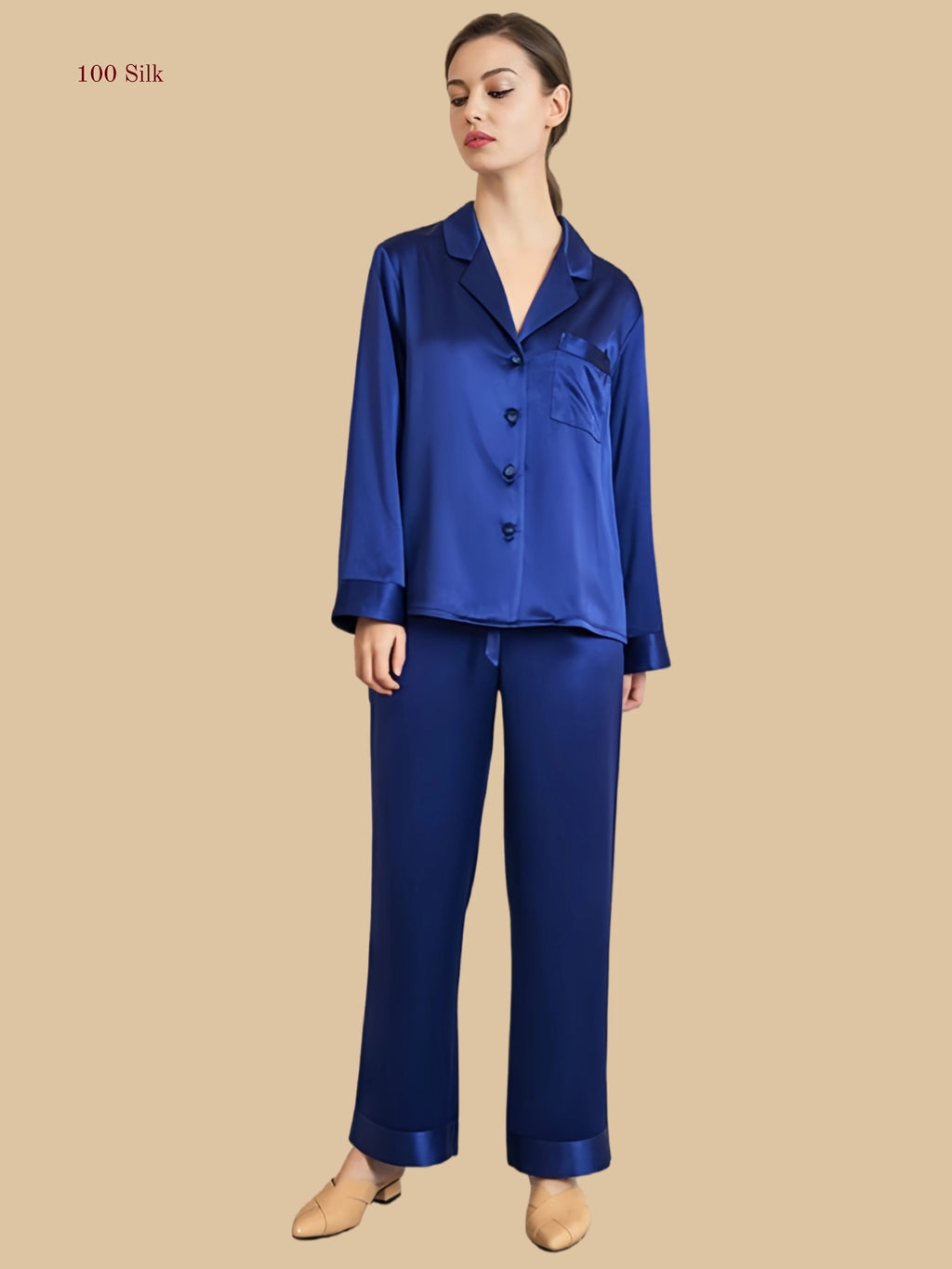 Navy blue 30mm silk pajama shirt set front view with chest pocket and full-length pants